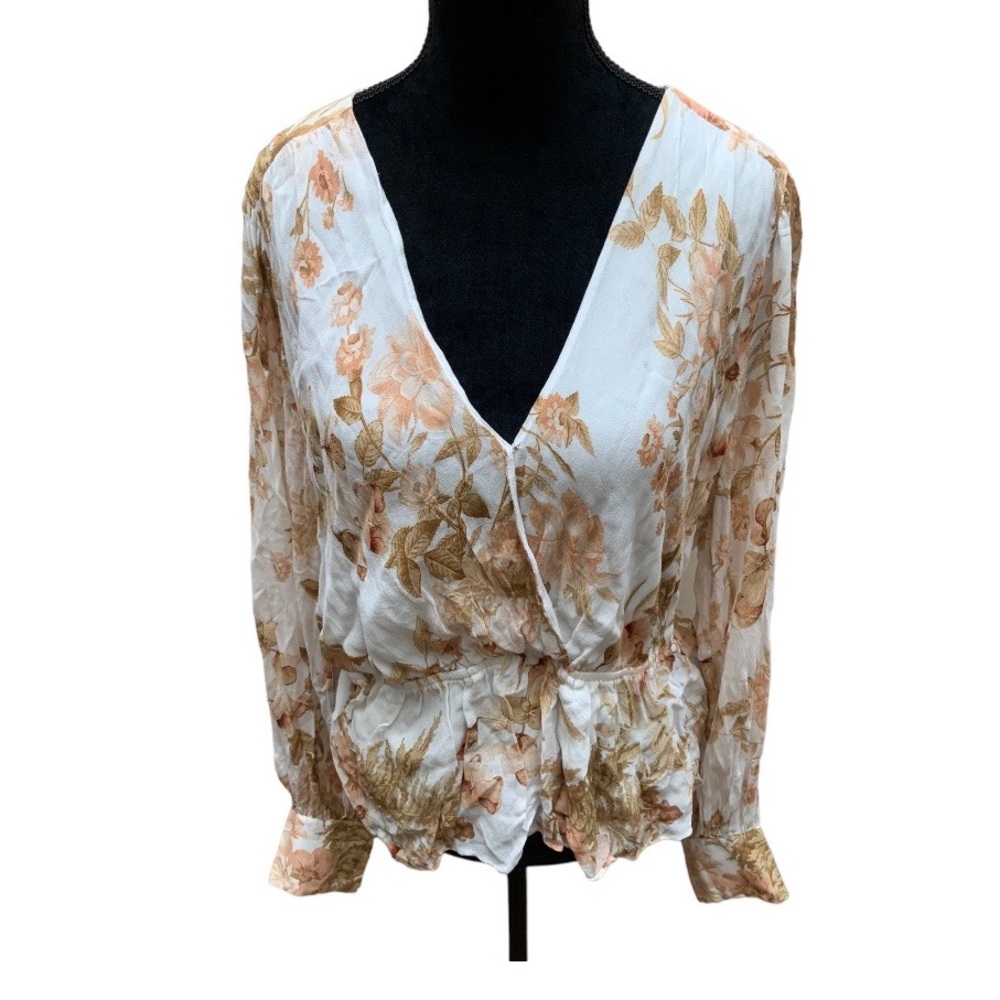 EVER NEW Fitted V-Neck Cross Over Floral Leaf Long Sleeve Blouse Women’s size 10